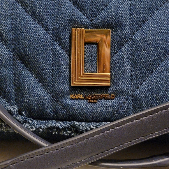Karl Lagerfeld NWT Denim Blue and Gold Quilted Shoulder Bag - Picture 5 of 10